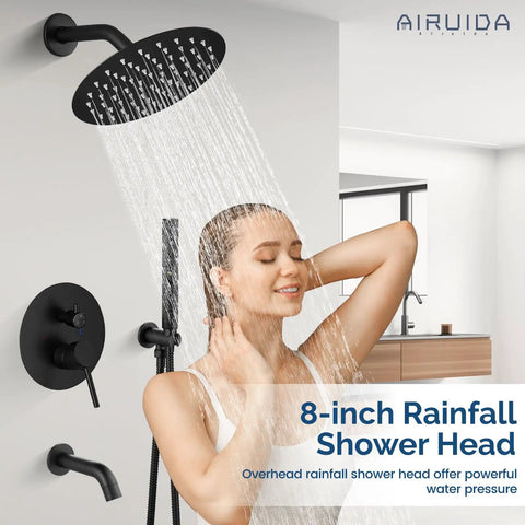 Three Function Rain Shower System With Handheld And Tub Spout Wall Mount Shower Combo In Matte Black 8 Inch Shower Head
