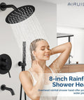 Woman enjoying 3 Function Rain Shower System With Wall Mount Tub Shower Combo Handheld Spray Tub Spout 10 Inch Rain Head Matte Black Finish For Modern Bathrooms Upgrade Today