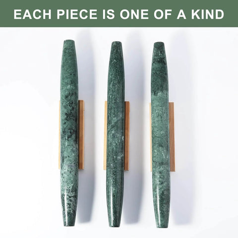Top view of French Marble Rolling Pin With Wooden Resting Base 15 Inch Nonstick Dough Roller For Pie Crust Cookies And Pasta Delivers Smooth Even Rolling And A Sleek Countertop Vibe For Every Home Baker, featuring green marble and wooden base on white background.