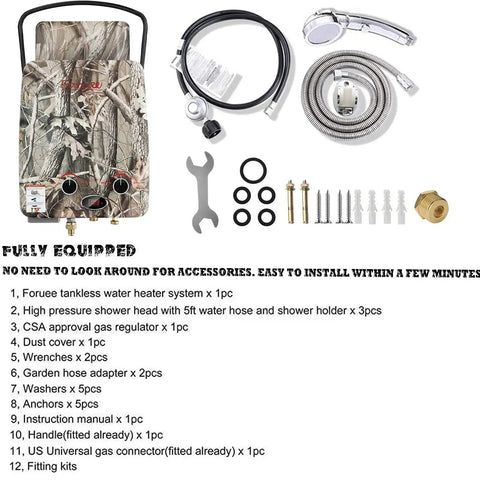 Propane Tankless Water Heater For Off Grid Adventures 1.32 GPM 5 Liter Capacity camo design with accessories layout