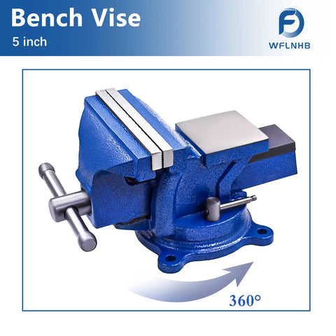 Blue Rock Solid 5 Inch Tabletop Bench Vise with 360 Degree Swivel Base Locking Jaws and Double Lock Down Bolts