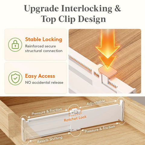 Upgrade interlocking system of Straight Up Tall 3.2 Inch Adjustable Drawer Dividers For Clothes Heavy Duty Abs Plastic Closet Organizers.