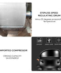 Stepless speed regulating drum and imported compressor of Kickstart Your Beverage Game With This Killer Commercial Snow Cone Shaver Cranking Out Up To 440 Pounds Of Fluffy Snowflake Ice Daily Via Sharp Steel Blades And Air Cooling With Two Sturdy Buckets.