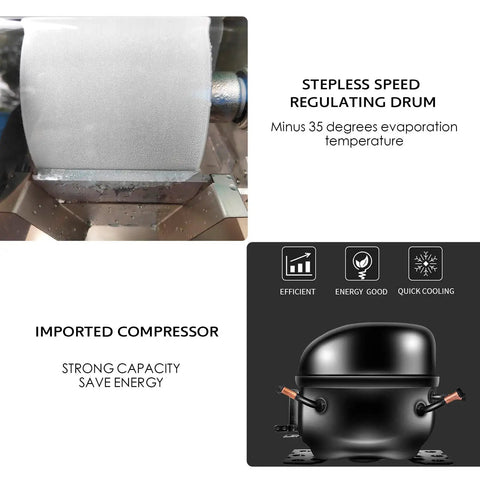Stepless speed regulating drum and imported compressor of Kickstart Your Beverage Game With This Killer Commercial Snow Cone Shaver Cranking Out Up To 440 Pounds Of Fluffy Snowflake Ice Daily Via Sharp Steel Blades And Air Cooling With Two Sturdy Buckets.