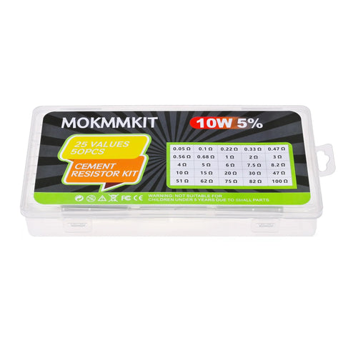 Front view: MOKMMKIT cement resistor kit in clear case, 50 pcs, 10W resistors, 25 values, ±5%