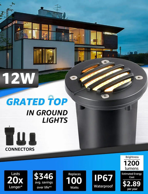 12W Low Voltage Landscape Lighting Kit With Connectors 1200LM Ultra Bright In Ground Well Lights For Garden Yard Driveway Waterproof Outdoor Warm White 12 Pack with grated top, shown with house background.