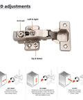 Full Overlay European Soft Close Cabinet Hinges For Kitchen Cabinets 20 Pieces 105 Degree Frameless Concealed Cabinet Door Hinge Six Way Adjustable Clip On Plate For Easy Installation DecoBasics showing 3-D adjustments diagram