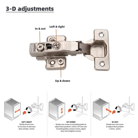 Full Overlay European Soft Close Cabinet Hinges 105 Degree Frameless Concealed Door Hinges with 3D adjustment instructions