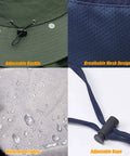 Unisex Sun Hat With 360 Degree UV Protection details of adjustable buckle, breathable mesh, waterproof fabric, and adjustable rope.