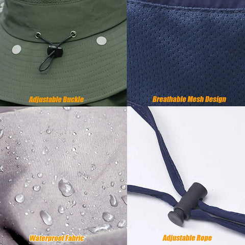 Unisex Sun Hat With 360 Degree UV Protection details of adjustable buckle, breathable mesh, waterproof fabric, and adjustable rope.