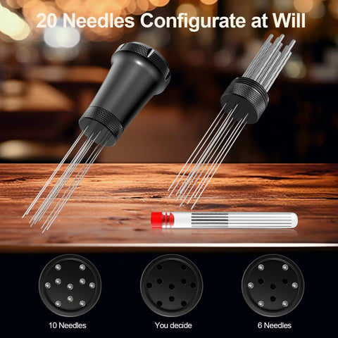 WDT Espresso Distribution Tool With Built In Cleaning Brush 0.35mm 10 Needle Distributor Plus Extra 10 Needles Aluminum Handle With Stand For Barista For Consistent Espresso Shots, black aluminum handle, 10 needles