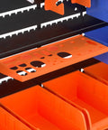 Close-up of 52 Piece Wall Mounted Storage Bins System With Peg Boards And Tool Trays, featuring orange and blue compartments.