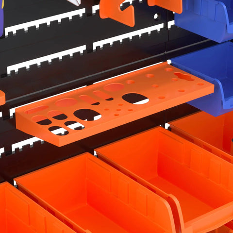 Close-up of 52 Piece Wall Mounted Storage Bins System With Peg Boards And Tool Trays, featuring orange and blue compartments.