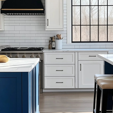 White kitchen with Black Cabinet Pulls Six And One Quarter Inch Hole Spacing Wide Base Kitchen Cabinet Handles on drawers and cabinets