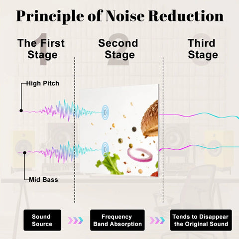 Principle of Noise Reduction illustration showing sound frequency stages with burger graphics, highlighting six panel acoustic wall pads.