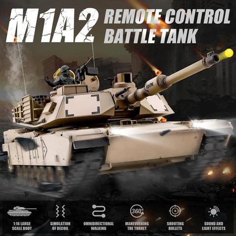 1 By 16 Scale M1A2 Abrams RC Tank With Realistic Sound And Lights, featuring combat simulation on rough terrain.