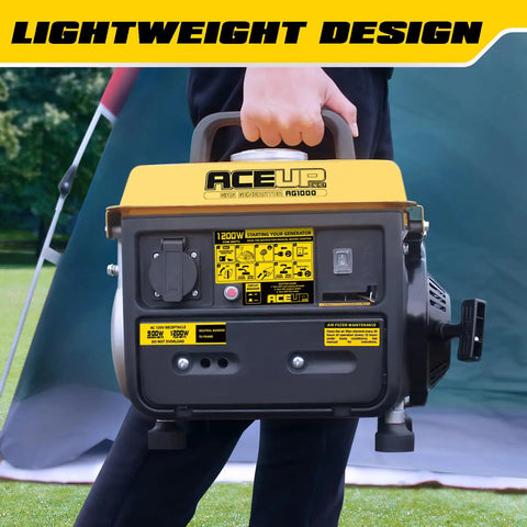 Person carrying Portable 1200 Watt Gas Powered Generator for Camping and Home Use Ultralight 35 Pound Design with 60 Hz 120V Outlet