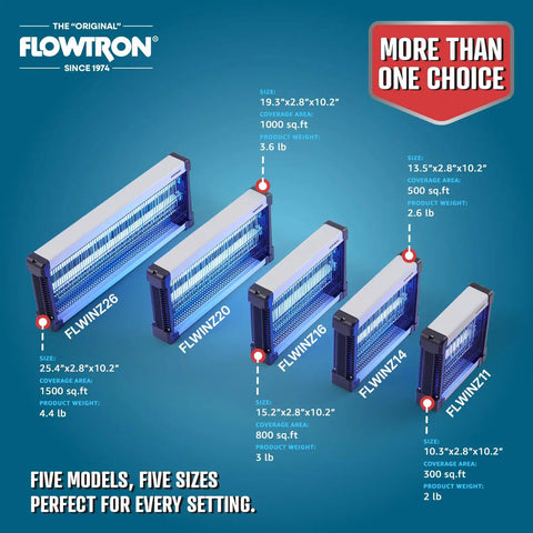 Flowtron bug zappers in five sizes, showing model numbers, dimensions, and coverage areas from 300 to 1500 sq ft