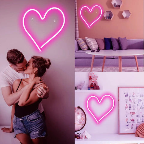 Pink Heart Neon Sign LED Light Up Wall decor for Bedroom and Valentines Day Romance, Dimmable USB powered Love Heart Light, 13.4 x 13 Inch