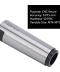 MT4-MT2 taper drill sleeve, CNC fixture tool; silver metal body with black end, side view