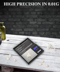 Pocket Scale With Backlit LCD Display, 200g Capacity, 0.01g Precision, shown with pearls on a table, emphasizes high precision