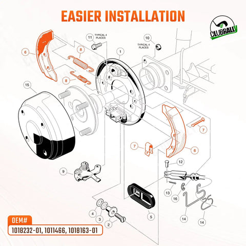 Diagram showing the installation of Brake Shoes Spring Kit For Club Car DS And Precedent Golf Carts 1995 And Up