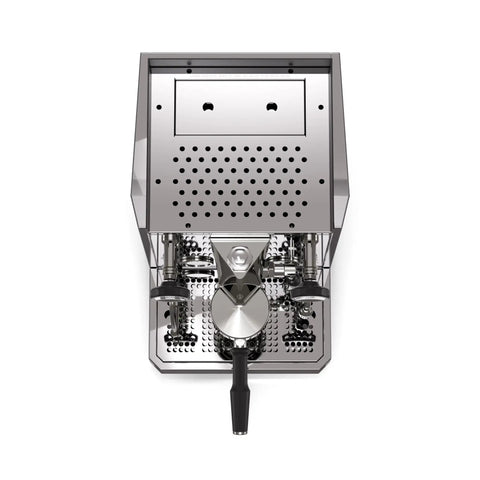 Top view of Giotto Fast V Espresso Machine with sleek chrome finish, PID controls, and vibratory pump, ideal for home kitchens.