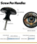 4 Pack Ornate Evil Eye Cabinet Knobs Round Acrylic Drawer Pulls For Home Dresser Kitchen Wardrobe Cupboard Doors, Jewel Teal And Gold Filigree Design, Boho Chic Hardware For Modern Furniture Upgrades, showing side and top view with screw dimensions, diameter 36mm, height 30mm.