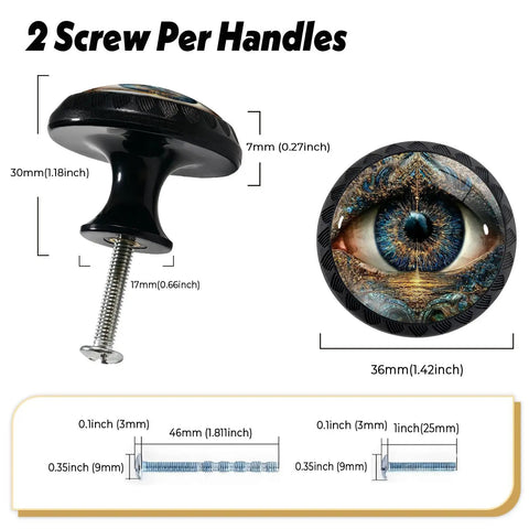 4 Pack Ornate Evil Eye Cabinet Knobs Round Acrylic Drawer Pulls For Home Dresser Kitchen Wardrobe Cupboard Doors, Jewel Teal And Gold Filigree Design, Boho Chic Hardware For Modern Furniture Upgrades, showing side and top view with screw dimensions, diameter 36mm, height 30mm.
