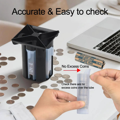 4 In 1 Coin Sorter And Wrapper Machine sorting coins with hand holding wrapper tube, desk view