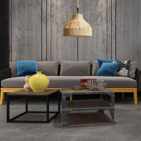 Coastal Rope Rattan Handwoven Pendant Lamp In Natural Finish illuminating a modern living room with contemporary decor.