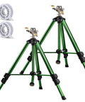 Two Pack 360 Degree Rotary Lawn Sprinklers On Metal Tripod Bases With Adjustable Height Heavy Duty 3/4 Inch Connector