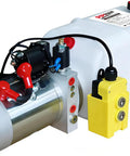 Electric Hydraulic Power Unit Double Acting 6 Quart Pump With Plastic Oil Reservoir 12V DC showing motor, reservoir, and connector.