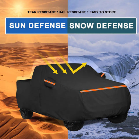 Dodge Ram 1500 Truck Bed Cover Waterproof For Quad Cab 6 Foot 4 Inch Bed Or Crew Cab 5 Foot 7 Inch Bed Outdoor Indoor UV Sun Rain Snow Wind Protection Fits 2009 To 2025 showing weather resistance against sun and snow.