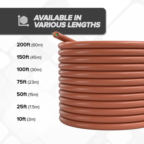 Coiled 18 Gauge 6 Conductor Thermostat Wire 150 Feet Brown Low Voltage Cable For HVAC shown with length options.