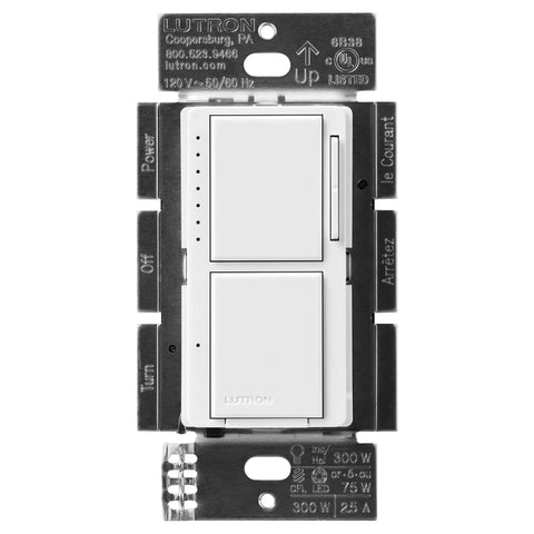 Maestro LED Plus Dual Dimmer And Switch Two In One Control For 75 Watt LED Bulbs And 2.5 Amp Fans Single Pole White Finish