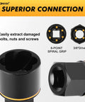 17-Piece 3/8 Inch Drive Bolt Extraction Socket Set For Stripped Damaged Rusted Frozen Studs Bolts Nuts And Screws In CR-MO Steel With Black Oxide Finish; close-up of socket grip design