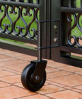 Rock Solid 4.3 Inch Spring Loaded Gate Wheel Heavy Duty Casters For Wood Fence Gates Black shock absorbing roller on gate.