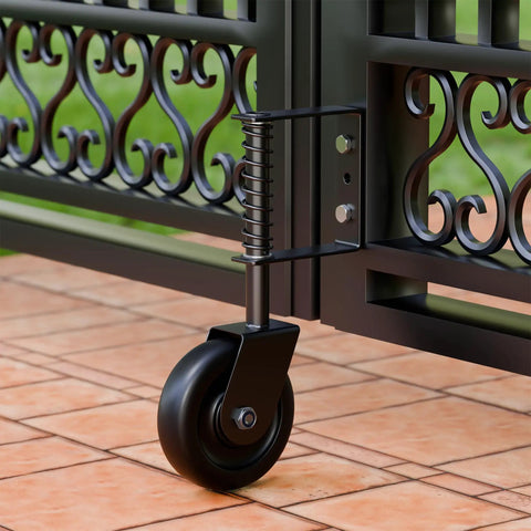 Rock Solid 4.3 Inch Spring Loaded Gate Wheel Heavy Duty Casters For Wood Fence Gates Black shock absorbing roller on gate.