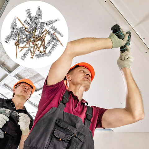 Men using heavy duty drywall anchors and screws kit for a rock solid fix in offices and commercial spaces self drilling hollow wall anchors zinc alloy and iron 20 sets great for hanging bathrooms and kitchens and more.