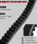 Close-up of a 725 Go Kart Belt for 30 Series Torque Converter Replacement, featuring high-quality rubber and cogged design.