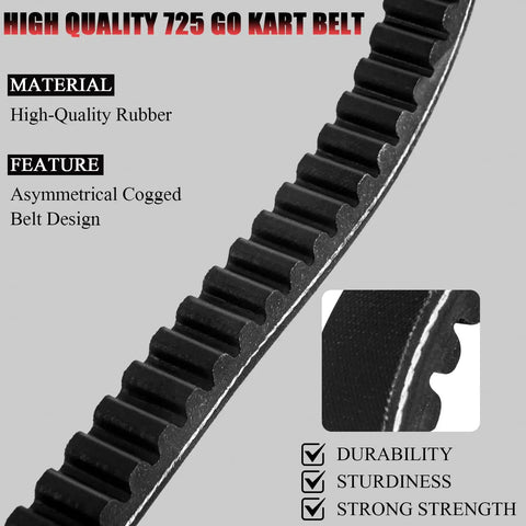Close-up of a 725 Go Kart Belt for 30 Series Torque Converter Replacement, featuring high-quality rubber and cogged design.