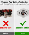 Heavy-Duty 20 Pack Fire Sprinkler Escutcheon Adjustable 2 Layer Stainless Steel Rose Plate shown in before and after ceiling upgrade images.