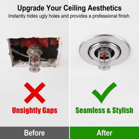 Heavy-Duty 20 Pack Fire Sprinkler Escutcheon Adjustable 2 Layer Stainless Steel Rose Plate shown in before and after ceiling upgrade images.