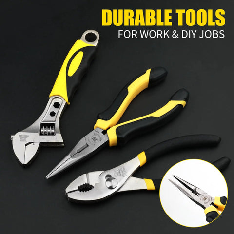 142 Piece Home Tool Kit With 13 Inch Wide Mouth Open Storage Tool Bag, pliers and wrench on black surface.