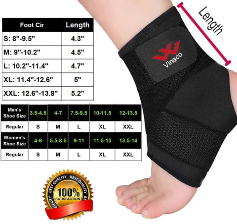 Two Pack Breathable Ankle Brace For Sprained Ankles With 360 Degree Support shown on foot with size chart.