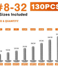 Product image showing sizes in 130 Piece Eight Thirty Two Machine Screws Assortment Kit With Phillips Pan Head Bolts In Three Oh Four