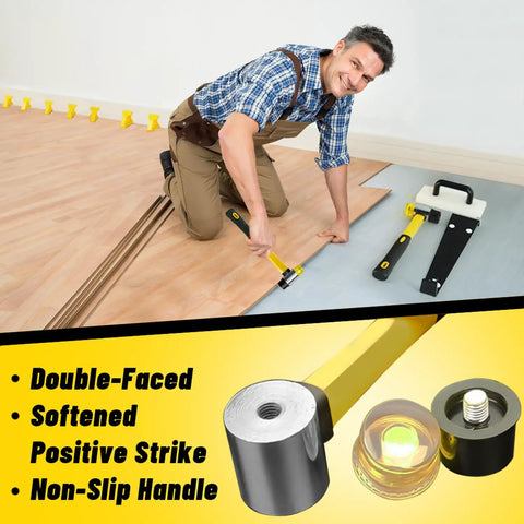 Laminate Flooring Tools Kit For LVP Installation with man using Pro Grade Tapping Block, Pull Bar, and 2 In 1 Spacers on floor