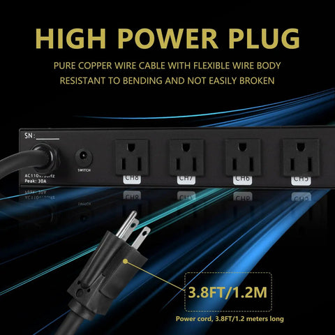 Tough As Nails 10 Socket Power Conditioner Surge Sequencer With Quick USB Type C Charger 3300W power plug with 3.8FT cable
