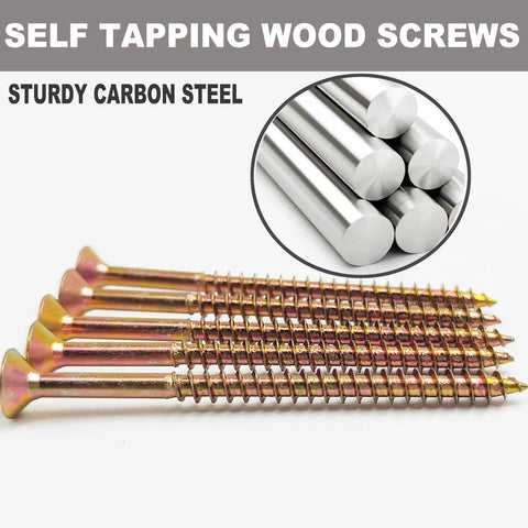 Beefy Heavy Duty Self Tapping Wood Screws 3 Inch Size 10 Flat Head Phillips 100 Piece Kit Galvanized Carbon Steel Brass Finish, gold screws